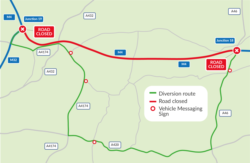 A map of a closure along the M4 in October 2024 - call the Highways Agency for details on 0300 123 5000