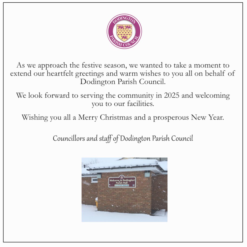 Christmas message from Dodington Parish Council with an image of the Parish Hall entrance in the snow,